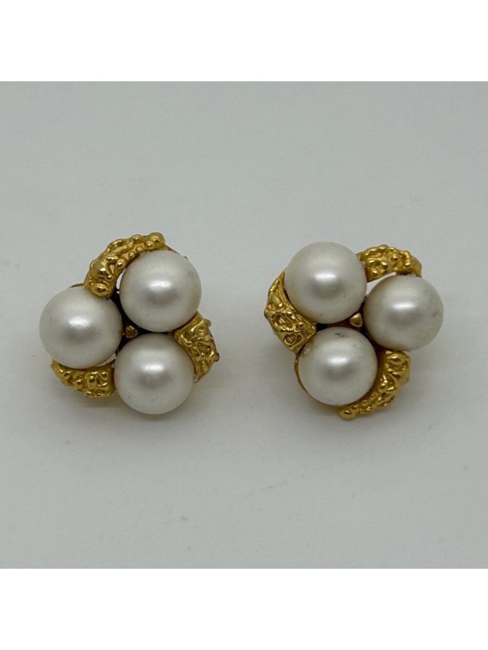 Faux Pearl Cluster Clip-On Earrings Textured Gold-Tone Three Bead Retro Vintage